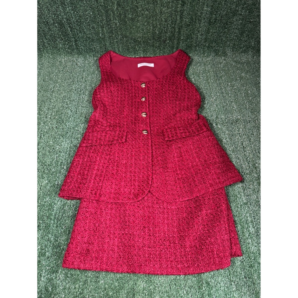 Amanda Uprichard Kya Romper Red Tweed  Neck‎ Sleeveless Dress With Gold Buttons